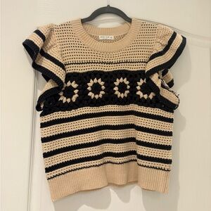 Crochet Stripe Flutter Sleeve Sweater - Black & Cream